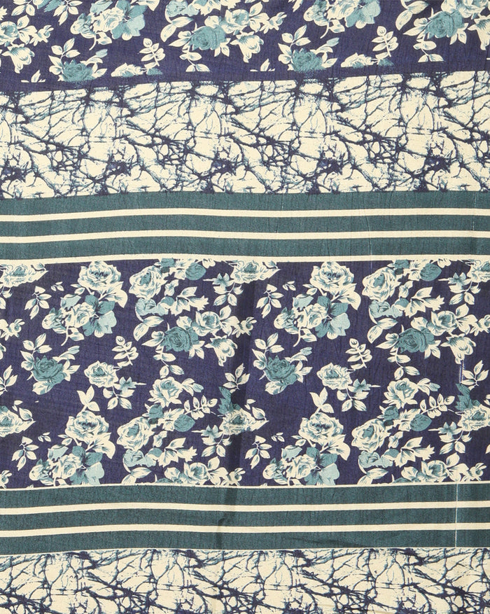 Indiehaat | Kashmiri Silk Printed Saree Navy Blue & Off-W