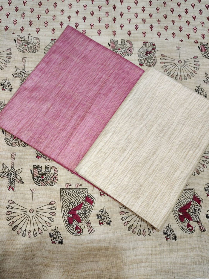 Indiehaat | Khadi Cotton Madhubani Suit Beige & Pink