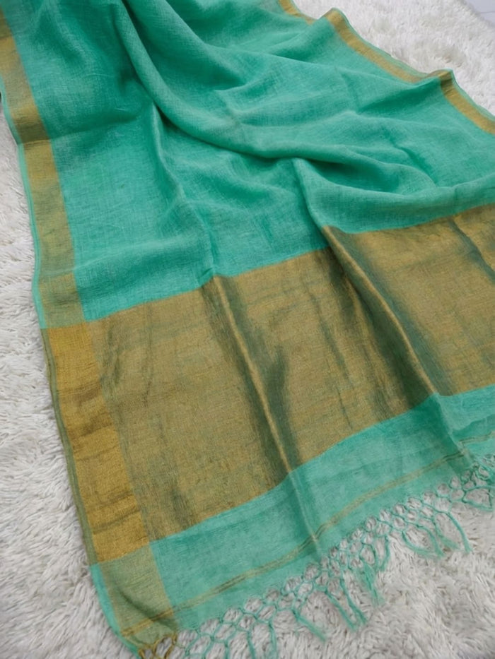 Indiehaat | Pure Linen Handloom Zari Border Saree Green