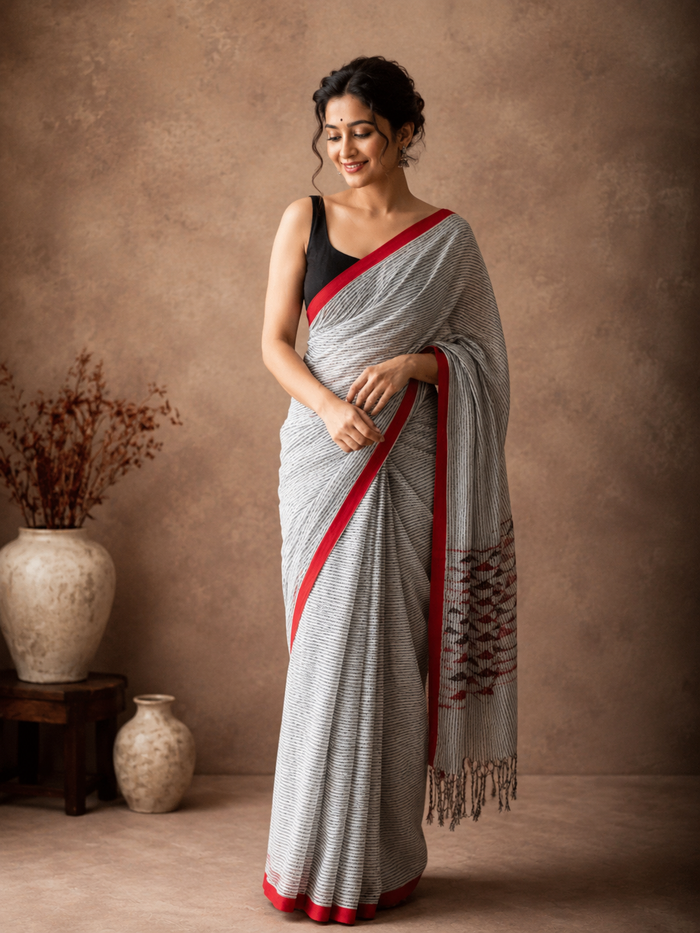 Nirmal Anchal Pure Khadi Cotton Saree Gray