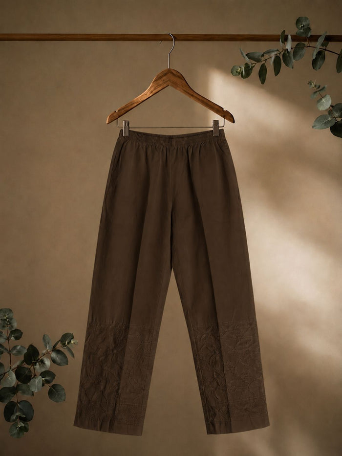 Indiehaat | Pure Cotton Chikankari Stretchable Pants Brown