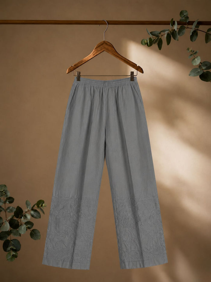 Indiehaat | Pure Cotton Chikankari Stretchable Pants Gray