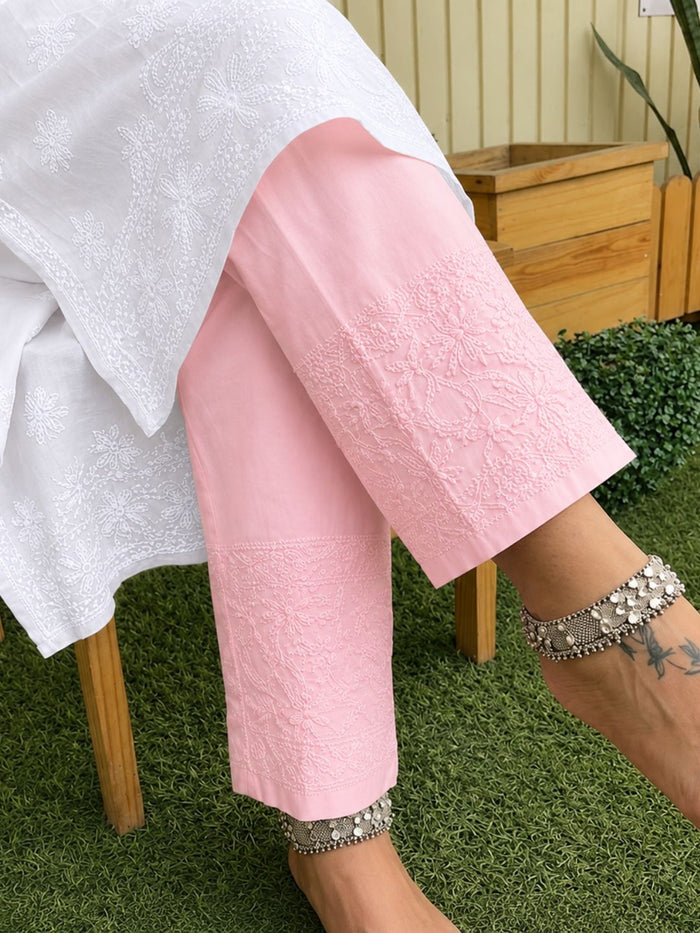 Indiehaat | Pure Cotton Chikankari Stretchable Pants Pink