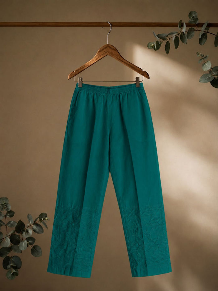 Indiehaat | Pure Cotton Chikankari Stretchable Pants Green