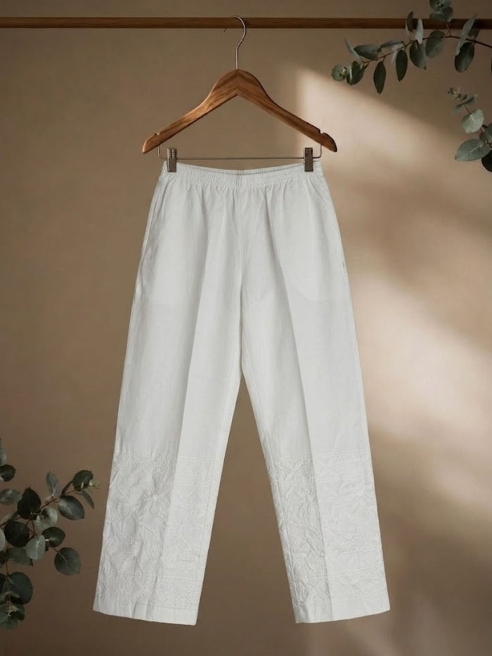 Indiehaat | Pure Cotton Chikankari Stretchable Pants White