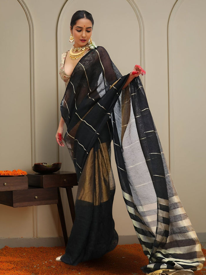 Indiehaat | Pure Linen Zari Weaving Saree Black