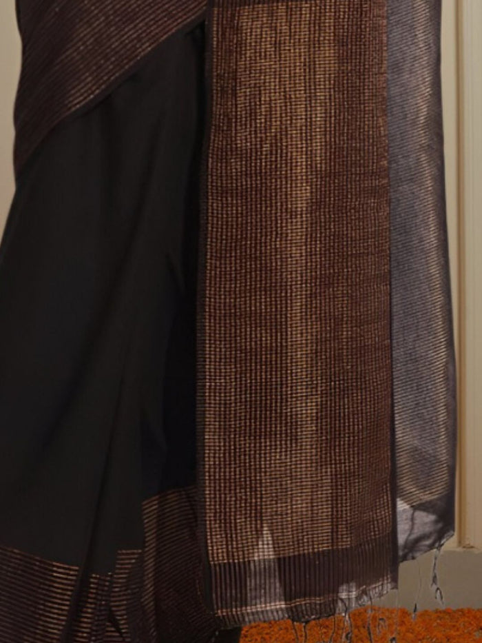 Indiehaat | Pure Linen Zari Weaving Saree Black