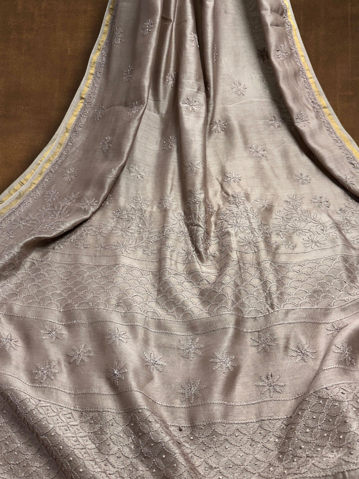 Indiehaat | Chikankari Pure Chanderi Silk Saree Beige