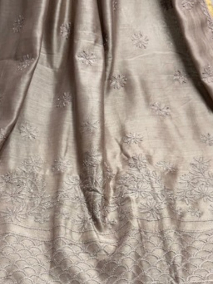 Indiehaat | Chikankari Pure Chanderi Silk Saree Beige