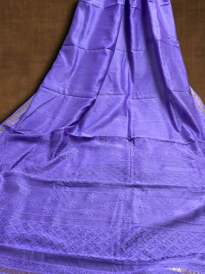 Indiehaat | Chikankari Pure Chanderi Silk Saree Blue