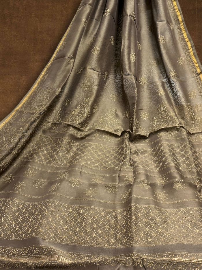 Indiehaat | Chikankari Pure Chanderi Silk Saree Brown