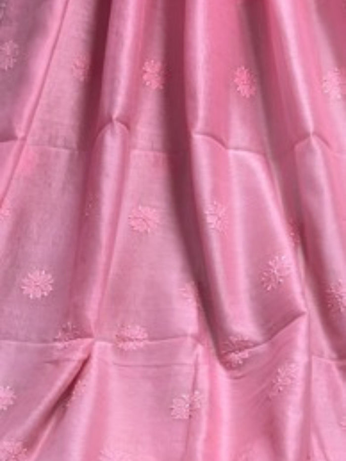 Indiehaat | Chikankari Pure Chanderi Silk Saree Pink