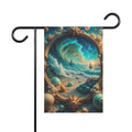 Decorative garden flag with a fantasy seascape design featuring a ship, sun, and clouds.