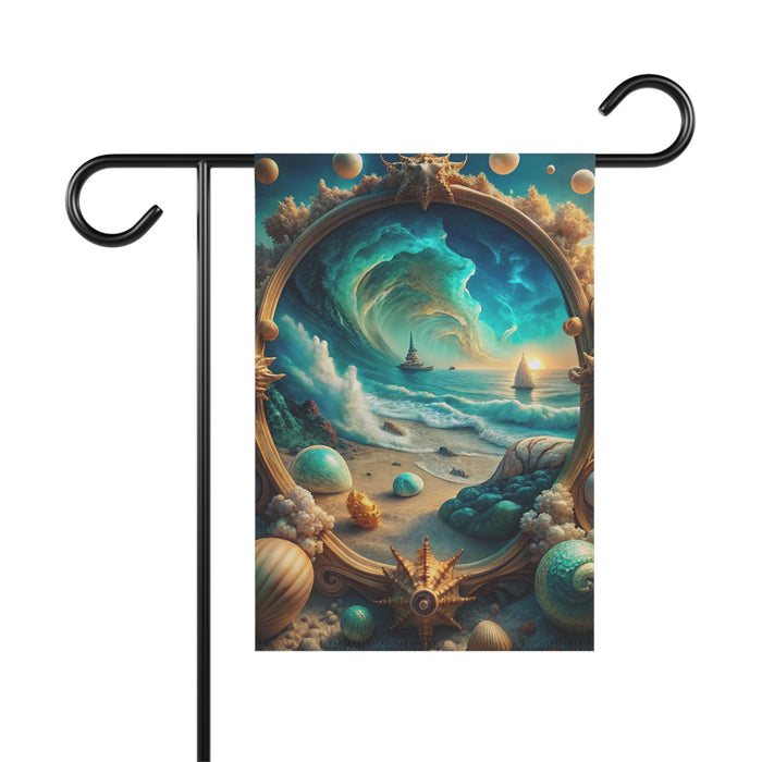 Decorative garden flag with a fantasy seascape design featuring a ship, sun, and clouds.