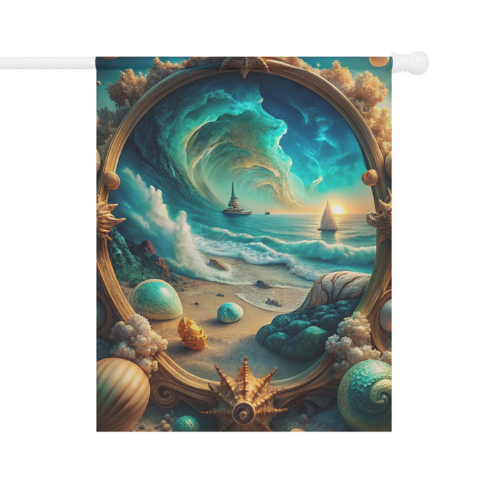 Decorative flag with a fantasy seascape design featuring a ship, sun, and seashells.