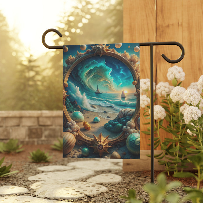 Decorative garden flag with a beach scene design, hanging outdoors.