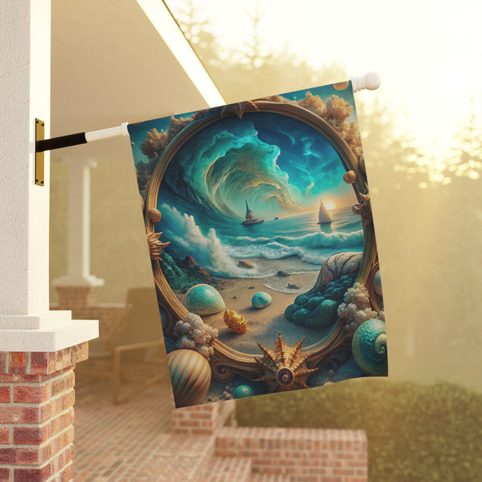 Decorative flag with a fantasy seascape design hanging on a pole.