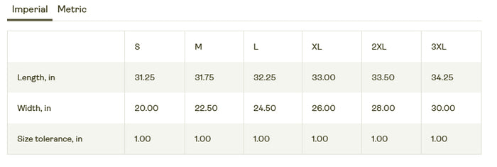 Table displaying size chart for imperial measurements with columns for S, M, L, XL, 2XL, and 3XL.