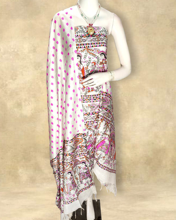 Off white Katan silk unstitched suit set hand block printed with large panels of human figures and animals in magenta, black, brown, orange and green, a repeating polka dot section and a wide patterned border.