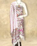 Off white Katan silk unstitched suit set hand block printed with large panels of human figures and animals in magenta, black, brown, orange and green, a repeating polka dot section and a wide patterned border.