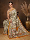 Off White printed Kashmiri silk saree with small Madhubani-style florals, a large mustard-yellow pallu panel of elephants and peacocks, and a wide contrast mustard border.