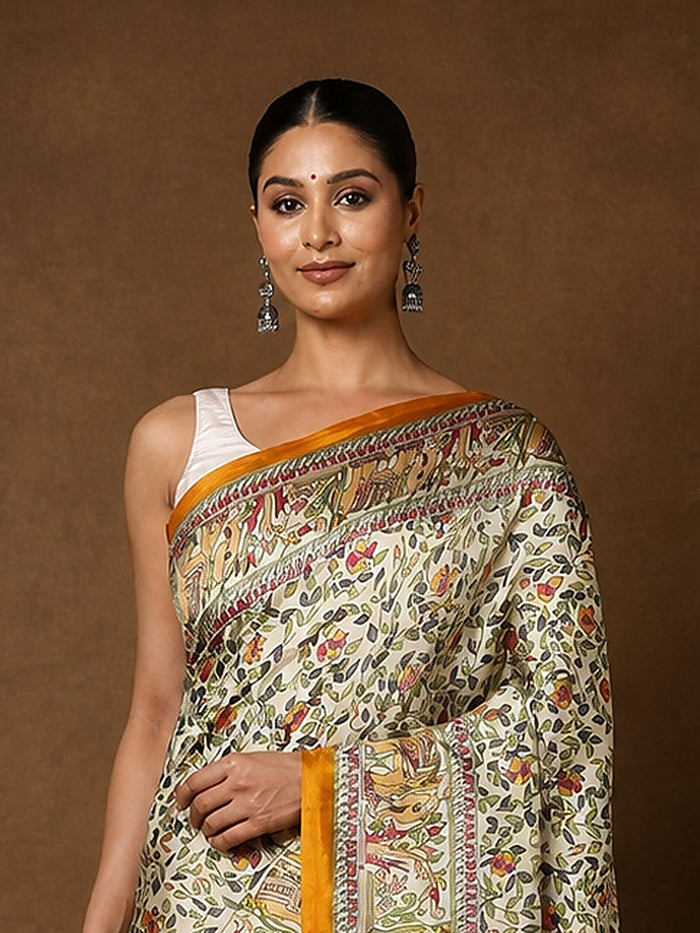 Indiehaat | Kashmiri Silk Printed Saree Off-White & Musta