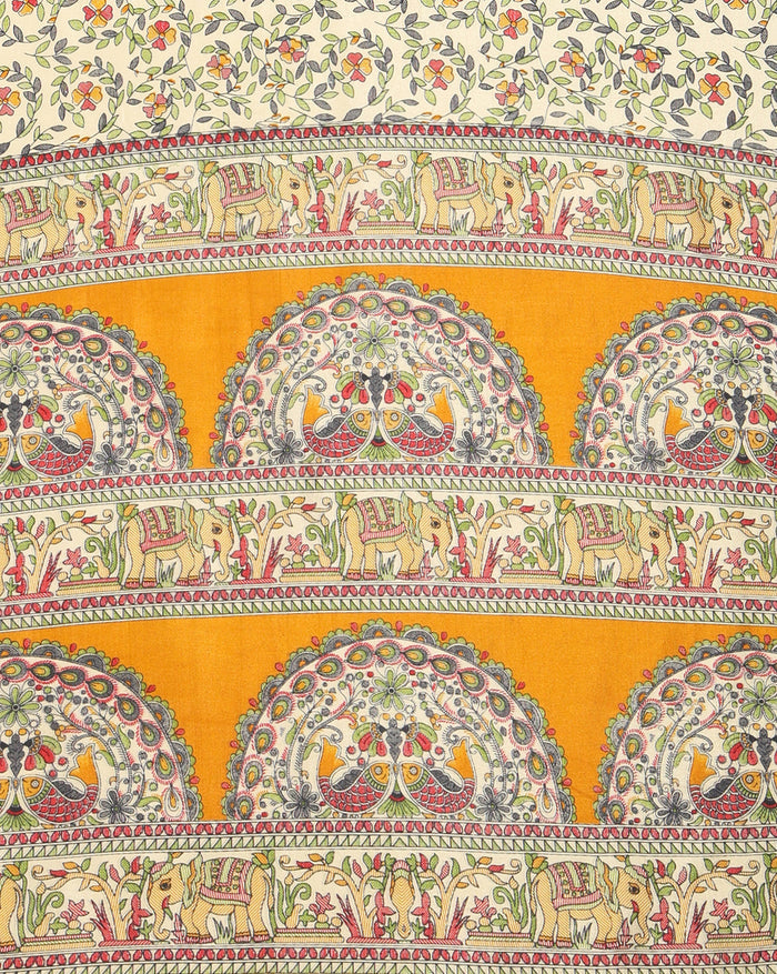Indiehaat | Kashmiri Silk Printed Saree Off-White & Musta