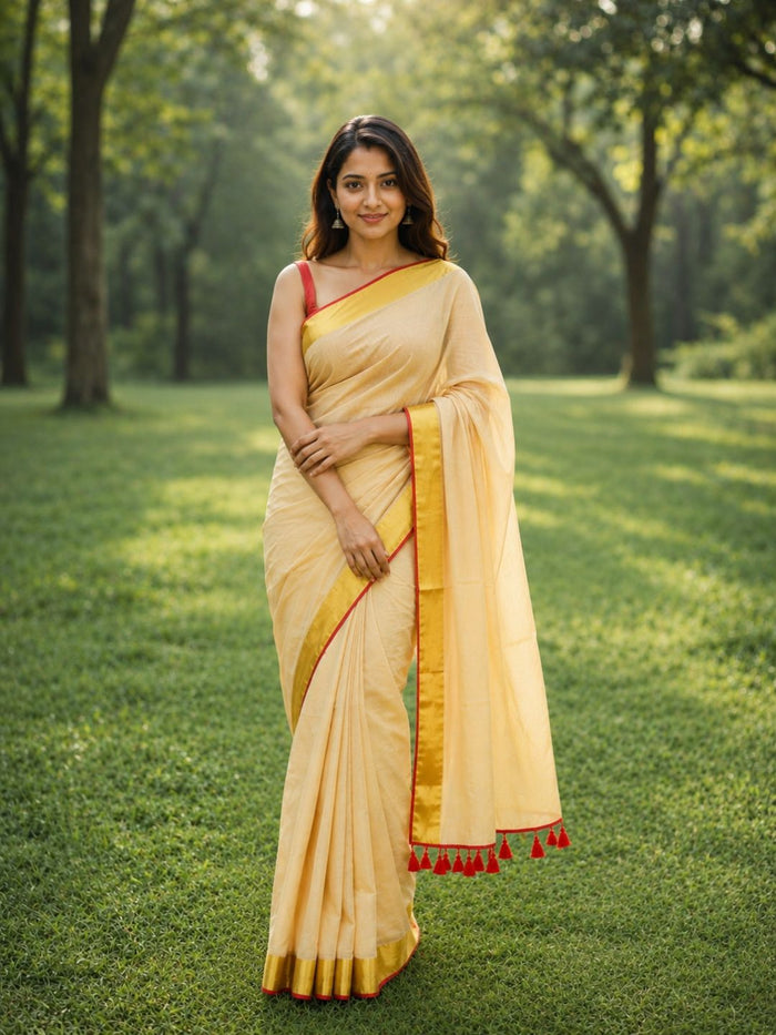 Indiehaat | Mul Cotton Handloom Plain Saree Cream