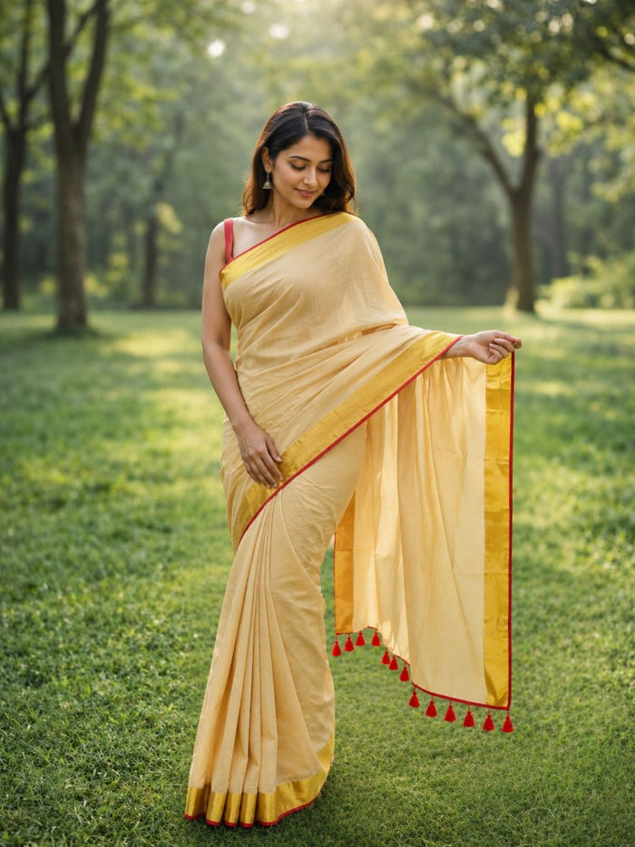 Indiehaat | Mul Cotton Handloom Plain Saree Cream