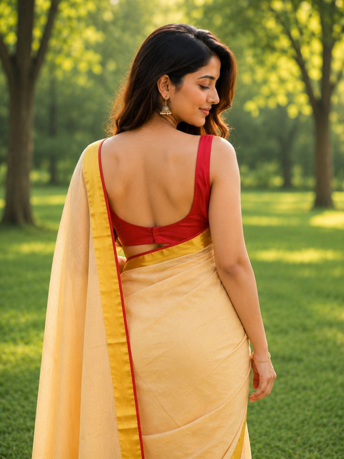 Indiehaat | Mul Cotton Handloom Plain Saree Cream