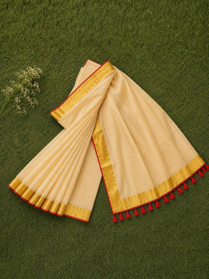 Indiehaat | Mul Cotton Handloom Plain Saree Cream