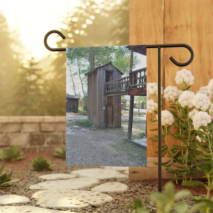 Old West Double Decker Outhouse Garden Flag Rustic Porch Banner Yard Art Decor
