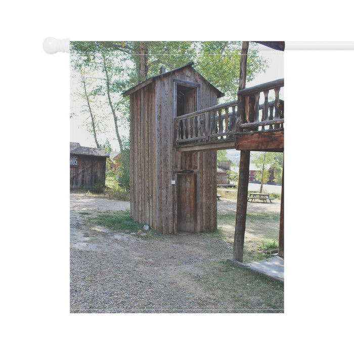 Old West Double Decker Outhouse Garden Flag Rustic Porch Banner Yard Art Decor