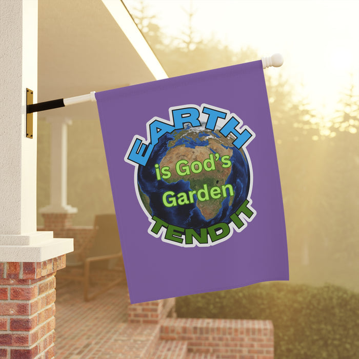 Flag with 'Earth is God's Garden' text and globe graphic on a purple background, hanging outdoors.