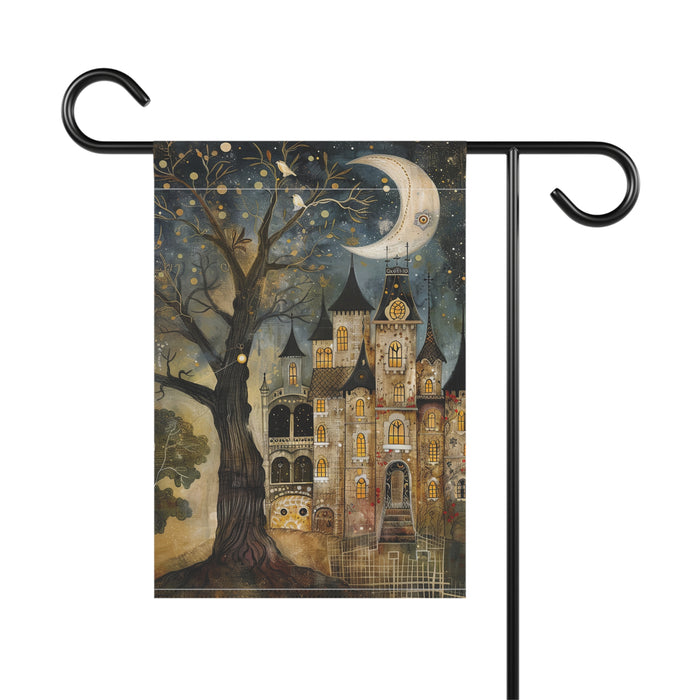 Decorative garden flag with a castle and tree design on a white background