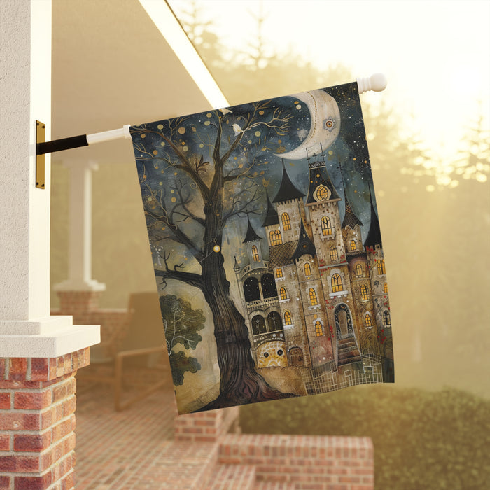 Decorative flag with a castle and tree design hanging on a porch.