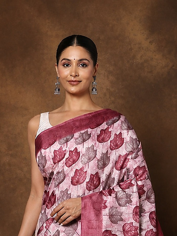 Indiehaat | Kashmiri Silk Printed Saree Off-White & Pale