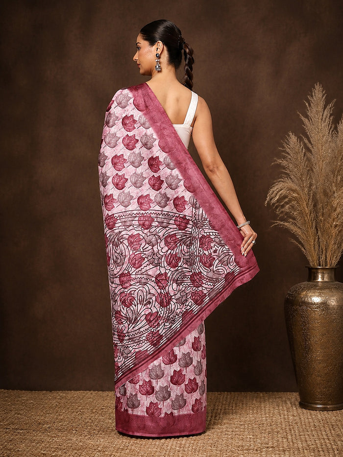Indiehaat | Kashmiri Silk Printed Saree Off-White & Pale