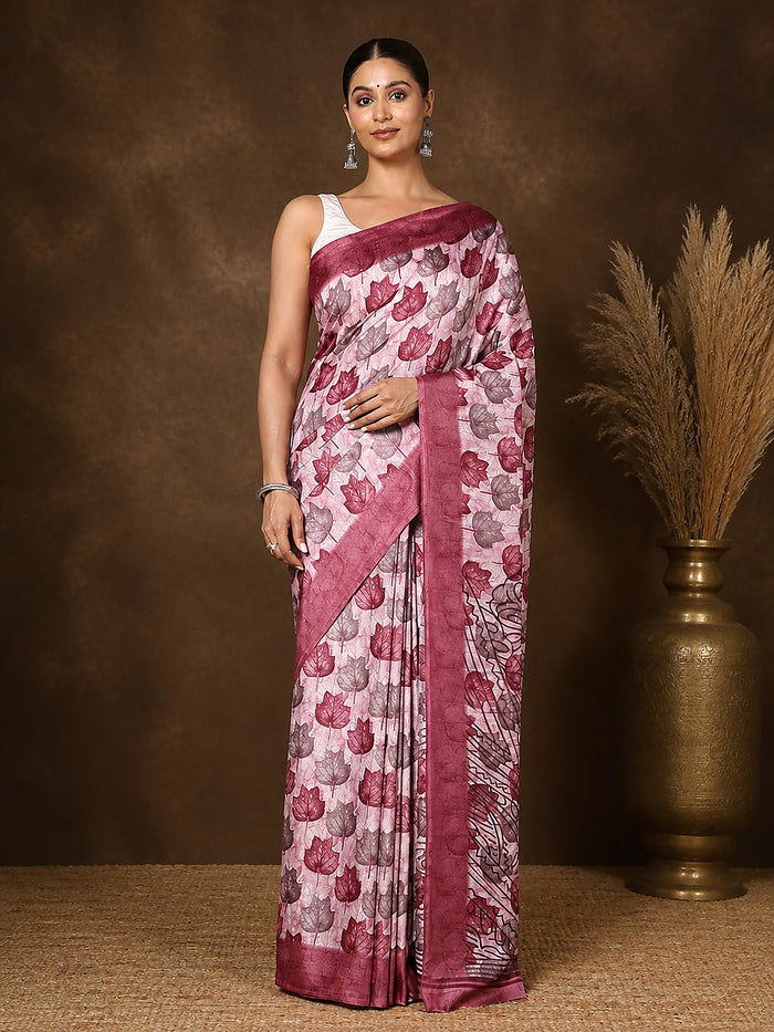 Indiehaat | Kashmiri Silk Printed Saree Off-White & Pale