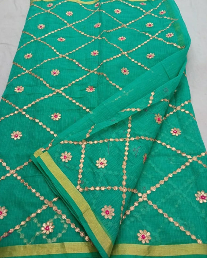 Indiehaat | Kota Cotton Gota Patti Dark Green Saree