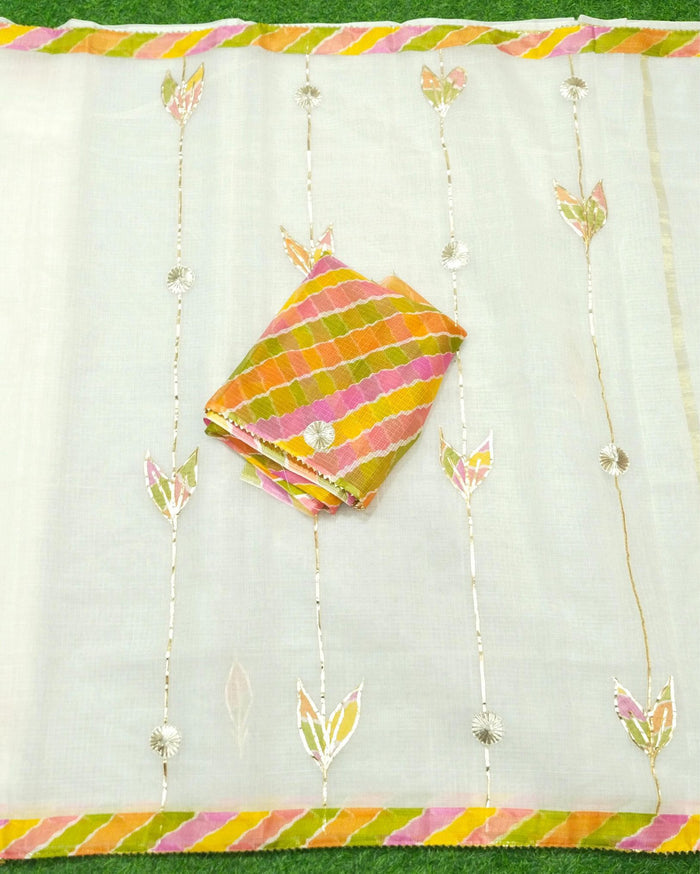 Indiehaat | Kacchi Gota Patti Kota Cotton White Saree