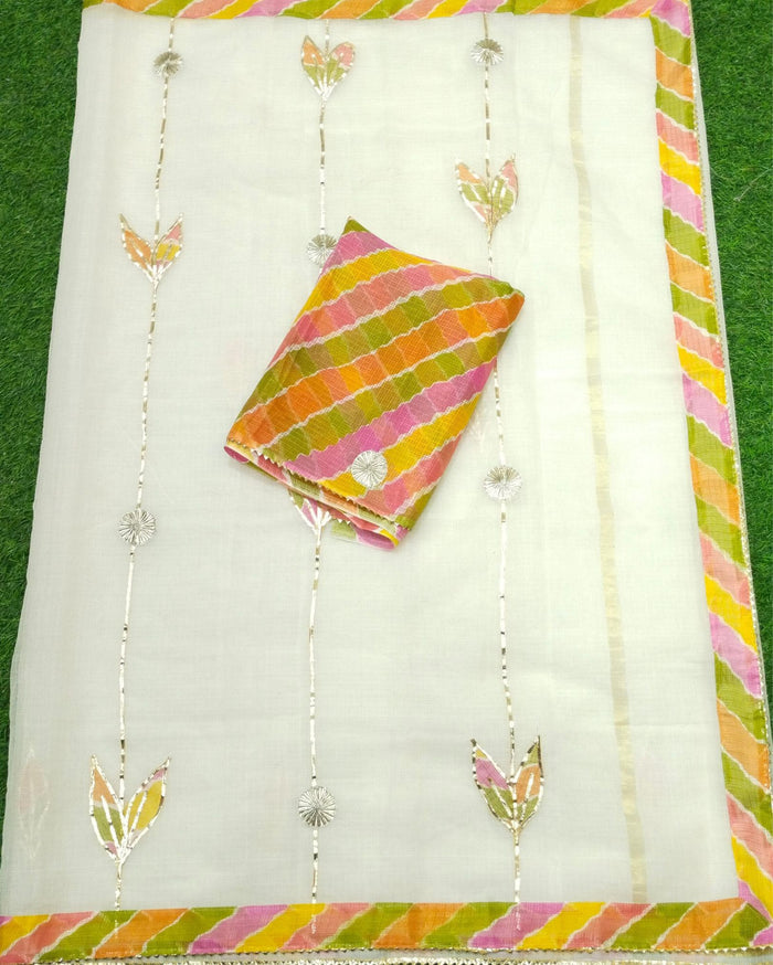 Indiehaat | Kacchi Gota Patti Kota Cotton White Saree