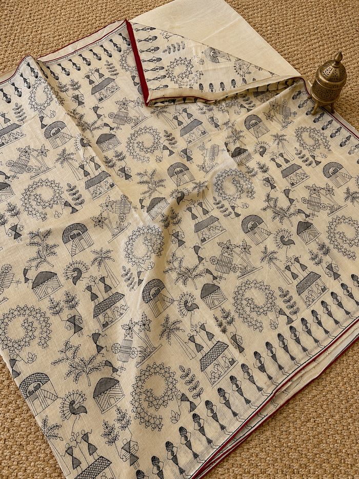 Indiehaat | Silkmark Certified Tussar Silk Embroidered Saree Cream