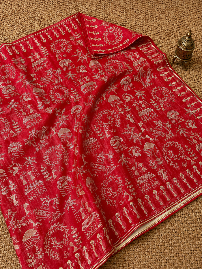 Indiehaat | Silkmark Certified Tussar Silk Embroidered Saree Red