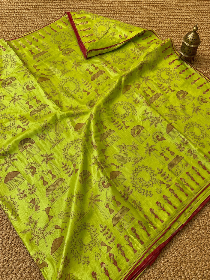 Indiehaat | Silkmark Certified Tussar Silk Embroidered Saree Green