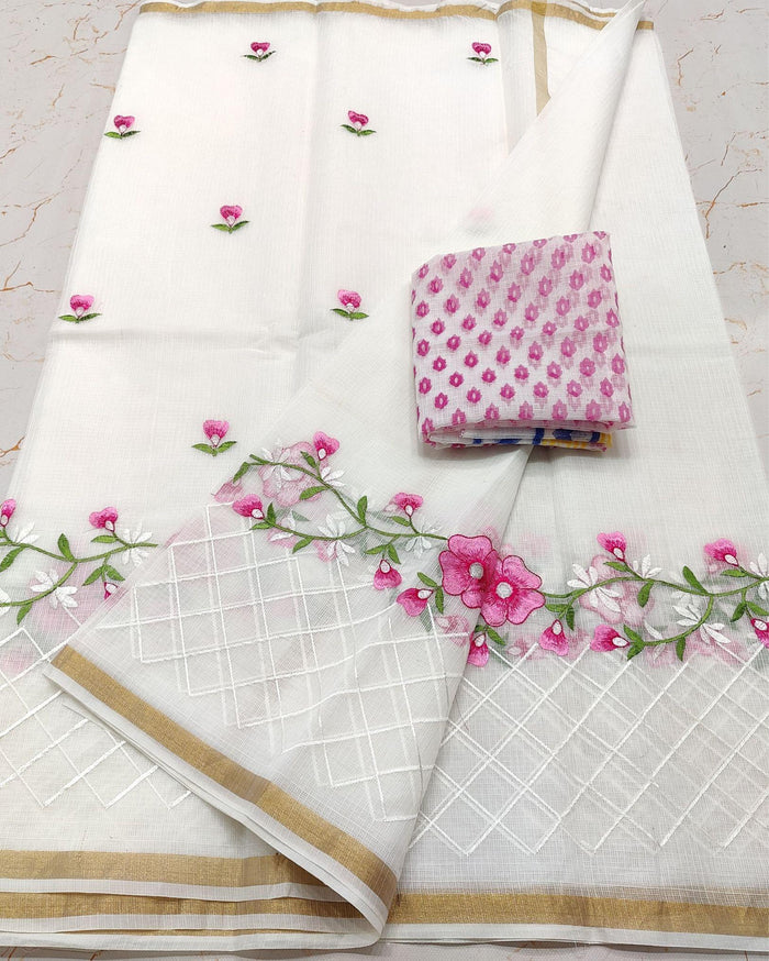 Pastoral White Kota Doria Cotton Floral Embroidery Saree