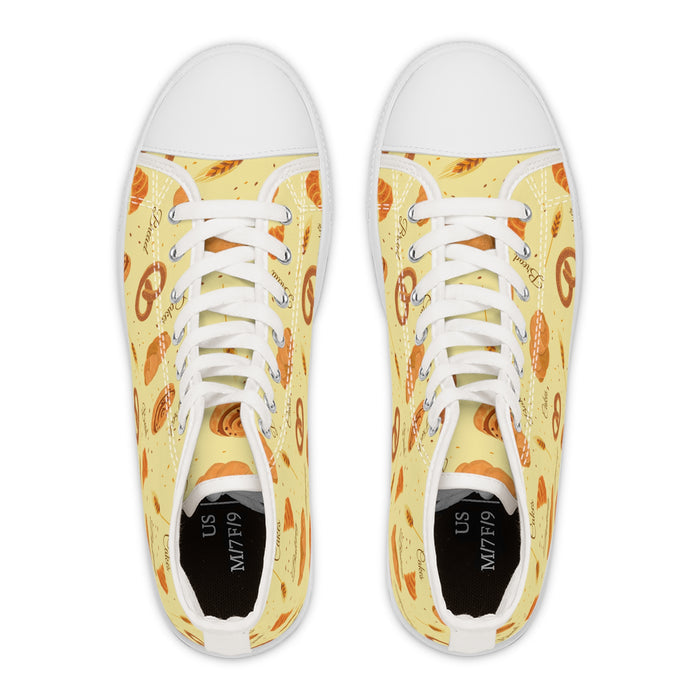 Pair of sneakers with a pizza pattern on a white background