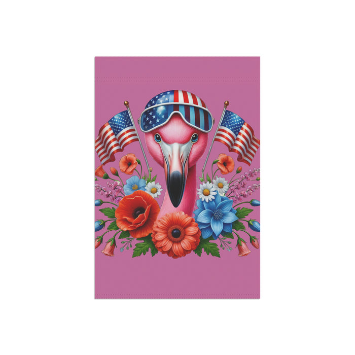 Flamingo wearing an American flag helmet with flowers on a pink background
