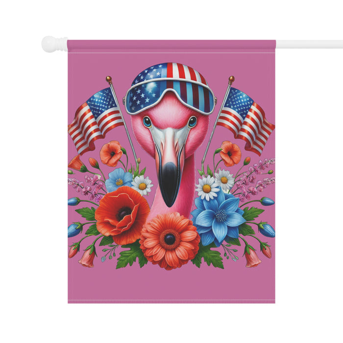 Flamingo flag with American flags and flowers on a pink background