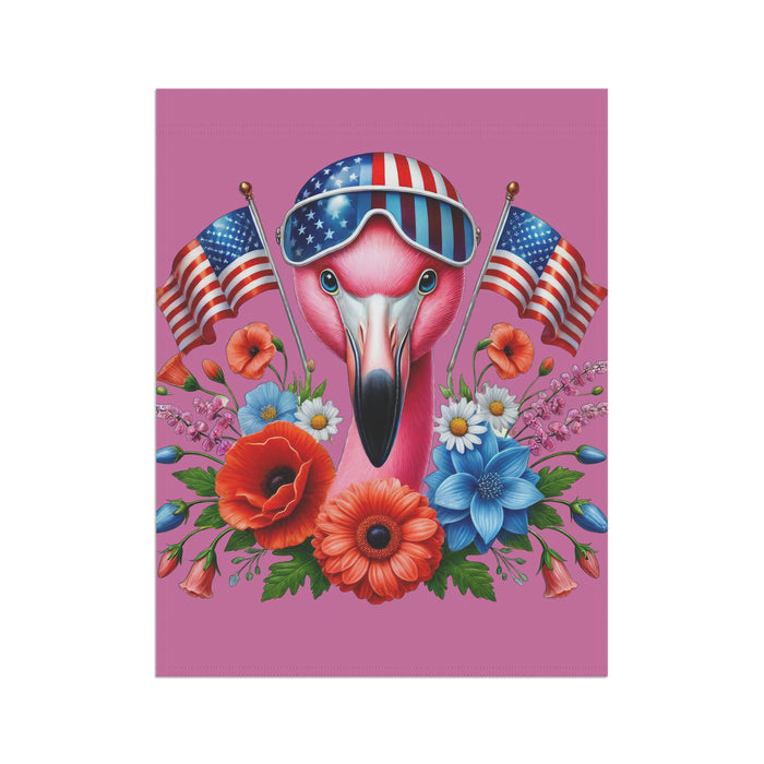 Flamingo with American flags and flowers on a pink background
